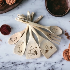 Classic Pooh Wooden Kitchen Utensils | Custom Handle & Face Engraving Pooh Designs | Custom Engraving | 12&quot; Long | Custom Designs| Birthdays