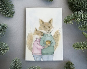 Greeting card with envelope | Cute fox couple | Christmas greeting card