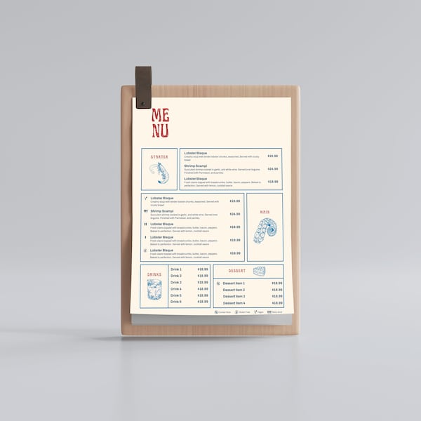 Seafood Restaurant Menu Template | SeaFood Menu Canva | 8.5x11 Seafood Menu | Restaurant Menu Template | Seafood Bar Menu Template