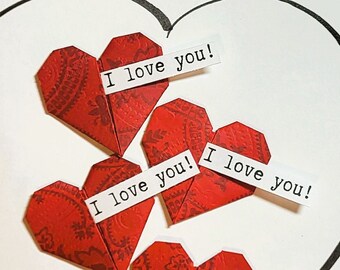 ORIGAMI MESSAGE HEARTS—Handmade—Set of four—Red Embossed Victorian Motif―Heat-Pressed