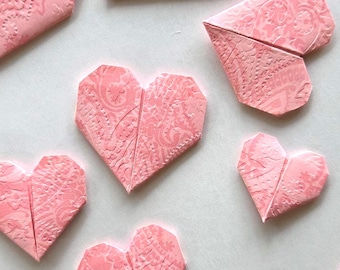 Origami Hearts | Heat-Pressed | Set of 5 | Pink Victorian Embossed