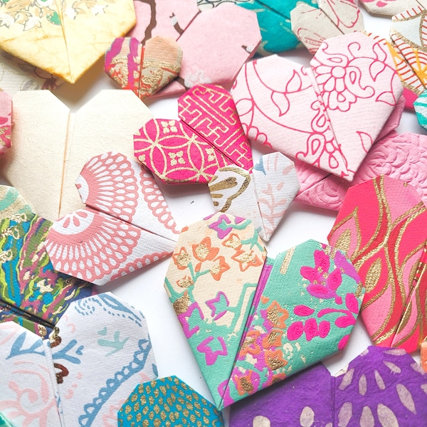 TREE-FREE Origami Hearts—Heat-Pressed Paper Embellishments—Beautiful Hand-Crafted Papers—Set of 12