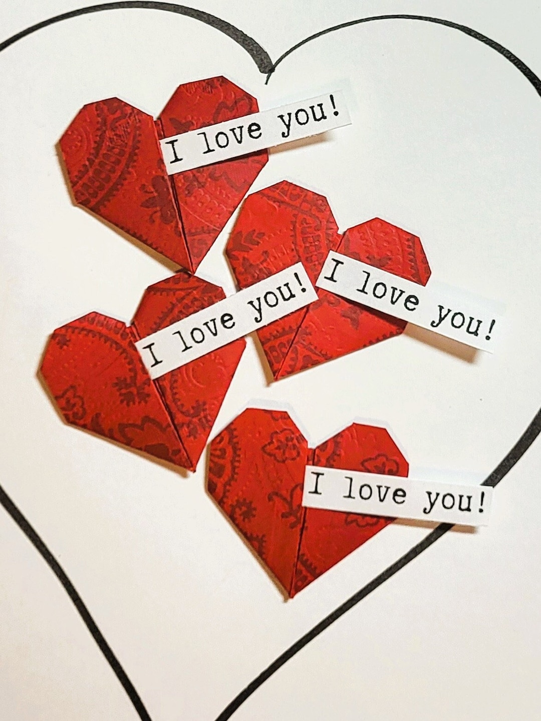 Origami Message Pattern ORIGAMI MESSAGE Hearts—handmade—set of Four—red Embossed Victorian ...