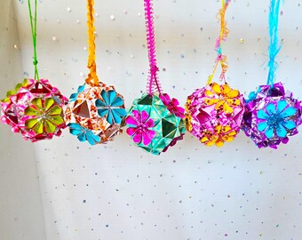 Sparkly Origami Ornaments | OOAK Hand Painted | Chrysanthemum Kusudama | Gift Boxed