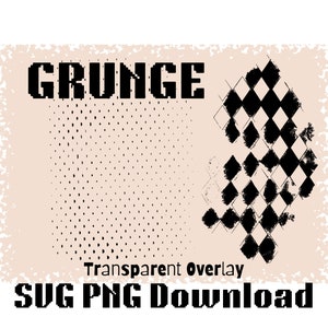 May include: A digital graphic design with the word "GRUNGE" in a bold, pixelated font. The design includes a dotted pattern and a black and white diamond pattern on a beige background. The text "Transparent Overlay SVG PNG Download" is also included.