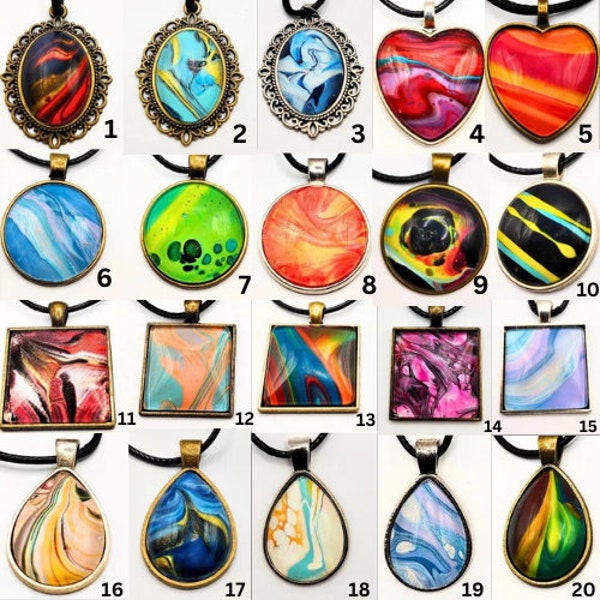 Fluid art necklace acrylic pour paint skin on pendant with clear glass cabochon