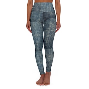 May include: High-waisted yoga leggings with a blue and white denim-inspired pattern.