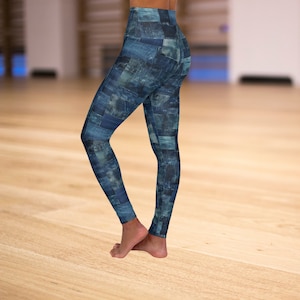 May include: Blue and white patterned leggings with a high waist.