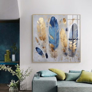 Gold foil palm feather living room sofa wall Modern light luxury painting Printable wall art Digital Download, Home Decor