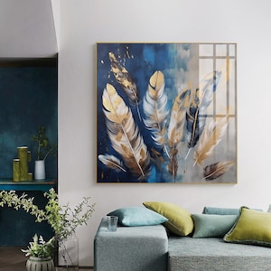 Gold foil palm feather living room sofa wall Modern light luxury painting Printable wall art Digital Download, Home Decor