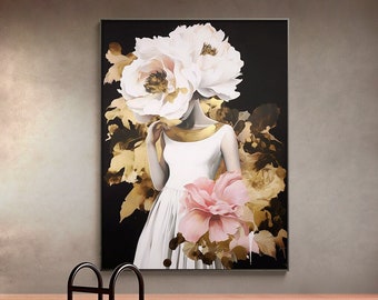 May include: A painting of a woman with white flowers covering her face. She is wearing a white dress and a gold necklace. The background is black with gold and brown floral accents.