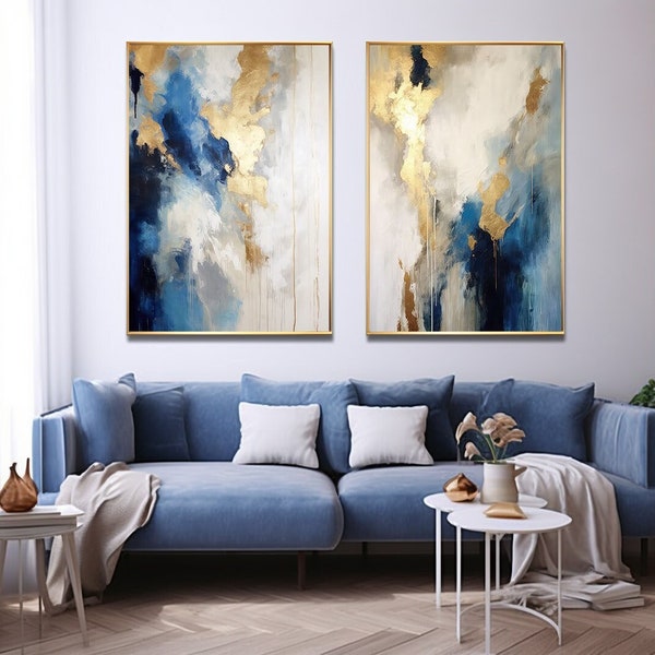 Peinture abstraite bleu marine ivoire et or, 2 oeuvres d'art murales, décoration d'intérieur moderne, art mural imprimable, lot de 2