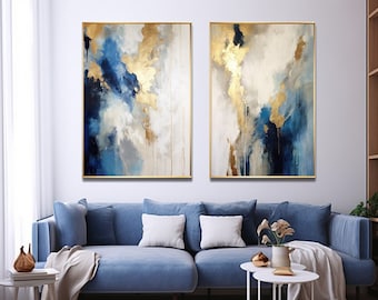Navy Blue & Gold Abstract Wall Art Prints, Set of 2 (Digital Download)