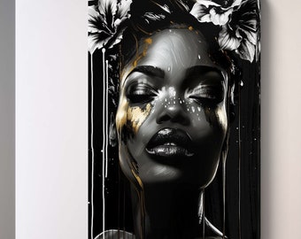 Golden Blossoms - Elegant Floral Woman Portrait Art Print , Download digital art