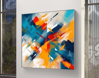 Könnte beinhalten: Abstraktes Gemälde mit kräftigen Strichen in Blau, Gelb, Orange und Rot. Das Gemälde ist gerahmt und hängt an einer weißen Wand.