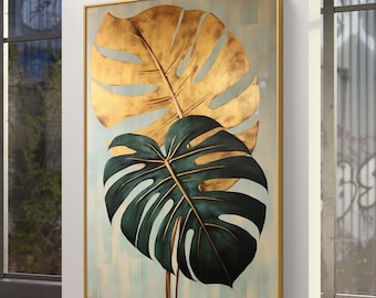 Feuille de Monstera verte et dorée : oeuvre d'art murale tropicale (téléchargement numérique)