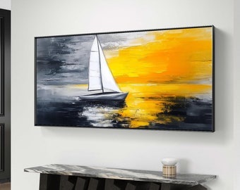 Impressão artística minimalista de pôr do sol em veleiro: decoração de parede náutica (download digital)