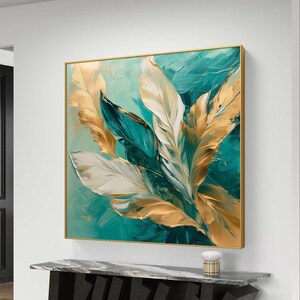 Gold foil palm feather living room sofa wall Modern light luxury painting Printable wall art Digital Download, Home Decor