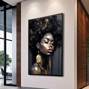 Arte de mujer africana, póster dorado y blanco, arte mural extragrande, arte mural digital, arte mural imprimible, descarga de arte digital