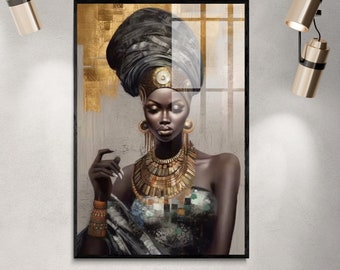 Black and Gold African Woman Art Print: Luxury Portrait (JPG)