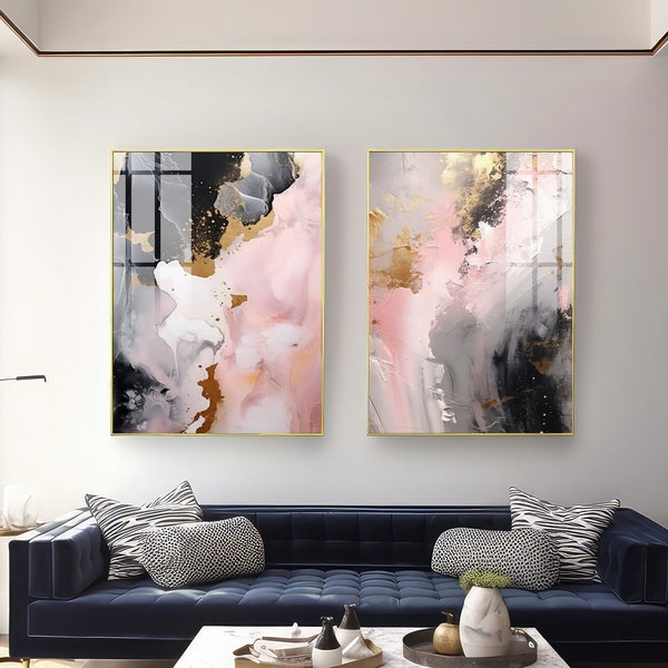 Black and Gold Wall Art, Blush Pink Wall Art, Extra Large Wall Art, 2 Piece Wall Art, Gold Abstract Art Prints, Digital Prints Download