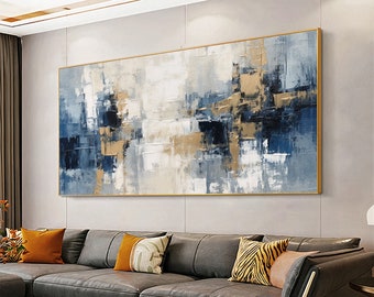 Arte abstracto imprimible grande, azul y dorado, arte mural grande, arte azul índigo, pintura abstracta de descarga instantánea, arte mural azul