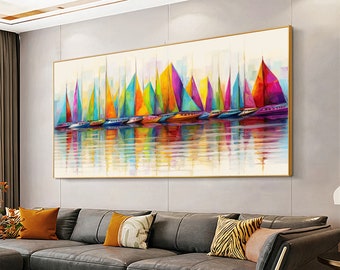 abstract Colorful Sailboat Oil Painting, Seascape Painting, Large Wall Art,Living Room Wall Decor,Wall Hangings,printable