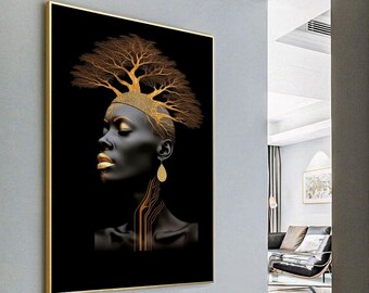 Afrikanerin in Gold Digitaldruck, Afrikanerin, Afroamerikanerkunst, Afrikanische Wandkunst, schwarze Frau, abstrakte Wandkunst, Wohnkultur, Gold