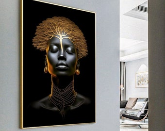Afrikanerin in Gold Digitaldruck, Afrikanerin, Afroamerikanerkunst, Afrikanische Wandkunst, schwarze Frau, abstrakte Wandkunst, Wohnkultur, Gold