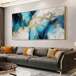 Large Abstract printable art, Blue and gold, Large Wall Art, Indigo Blue Art, Abstract painting instant download art, Blue Wall Art
