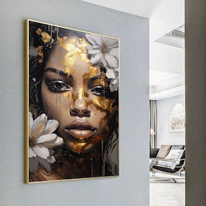 Arte de mujer africana, póster dorado y blanco, arte mural extragrande, arte mural digital, arte mural imprimible, descarga de arte digital