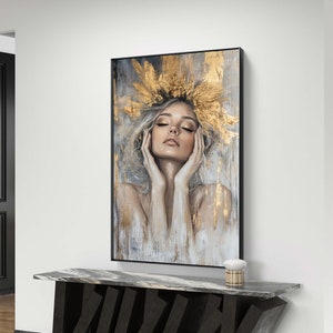 Golden Goddess Portrait Art - Modern Female Canvas Wall Decor, Extra Large Wall Art, Digital Print, Woman Print
