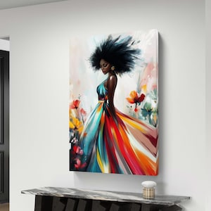 Könnte beinhalten: Abstrakte Malerei einer Frau mit Afro, die ein farbenfrohes Kleid trägt und in einem Blumenfeld steht.