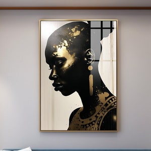 Black art - african woman painting, luxury woman art, woman portrait, black and gold