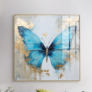 Vlinderschilderij, Gouden vleugels getextureerd origineel abstract schilderdoek, moderne woonkamer vierkante grote muurkunst, vlinder afdrukbaar