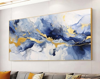Large Blue and Gold Abstract Art Print: Indigo Wall Decor (Digital Download)