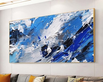 青と金の抽象的な壁アート：大きな印刷可能な絵画（即時ダウンロード