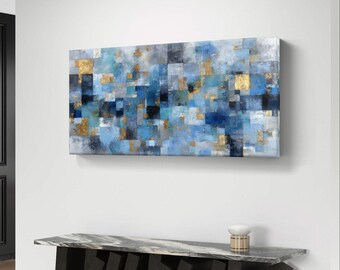 ブルーゴールドモザイク抽象画 - 高級壁アート - Etsy 日本