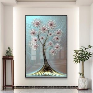 Elegant Blossoming Tree Digital Art | Modern Gold and Silver Tree Art | Instant Download Wall Decor