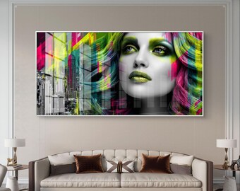 Neon city woman portrait – vibrant digital wall art download