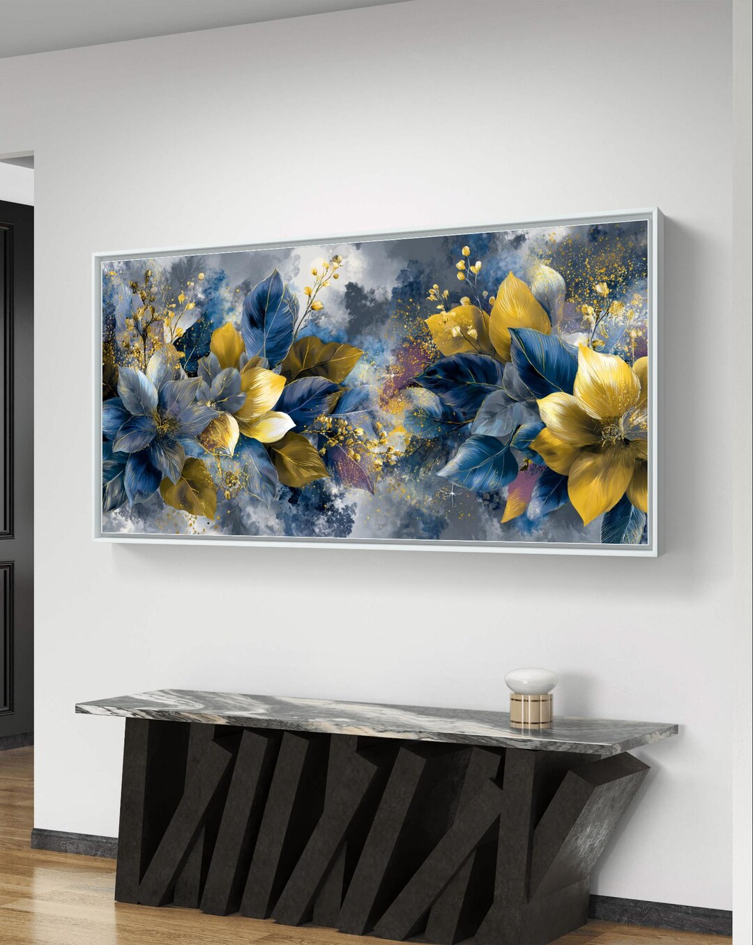 Blue and Gold Floral Abstract Wall Art - Digital Download for Elegant ...