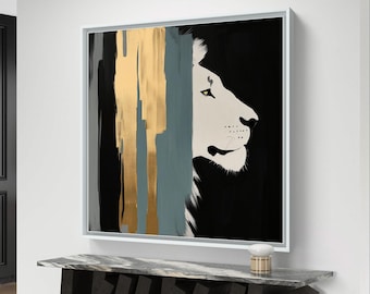 White Lion Wall Art - Abstract Gold and Black Digital Download for Modern Decor