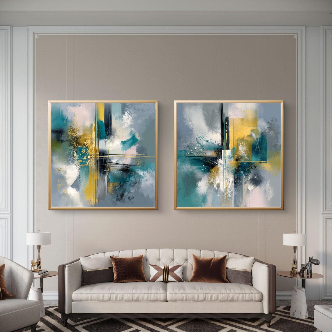 Abstract Duo Set of 2 - Teal and Yellow Modern Wall Art - Etsy