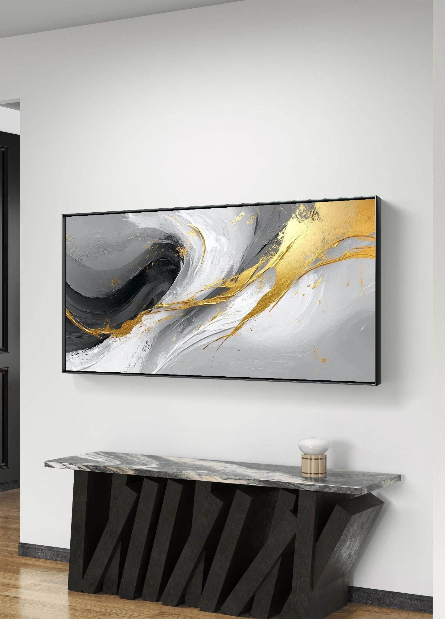 Luxury Gold and Black Abstract Wall Art - Modern Fluid Canvas Painting ...
