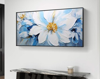 テクスチャのある花の絵画：青と白の花のボタニカルアート（デジタル 