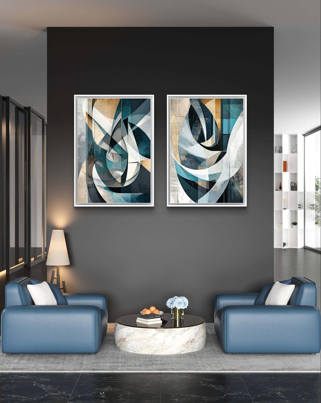 Teal Beige Abstract Art Prints: Modern Minimalist Decor (digital ...