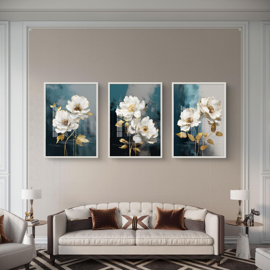 White Flowers on Teal Triptych Set of 3 - Elegant Botanical Wall Art - Etsy