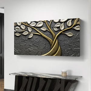 Luxury Gold and Silver Tree Wall Art - Elegant 3D Effect Digital Print