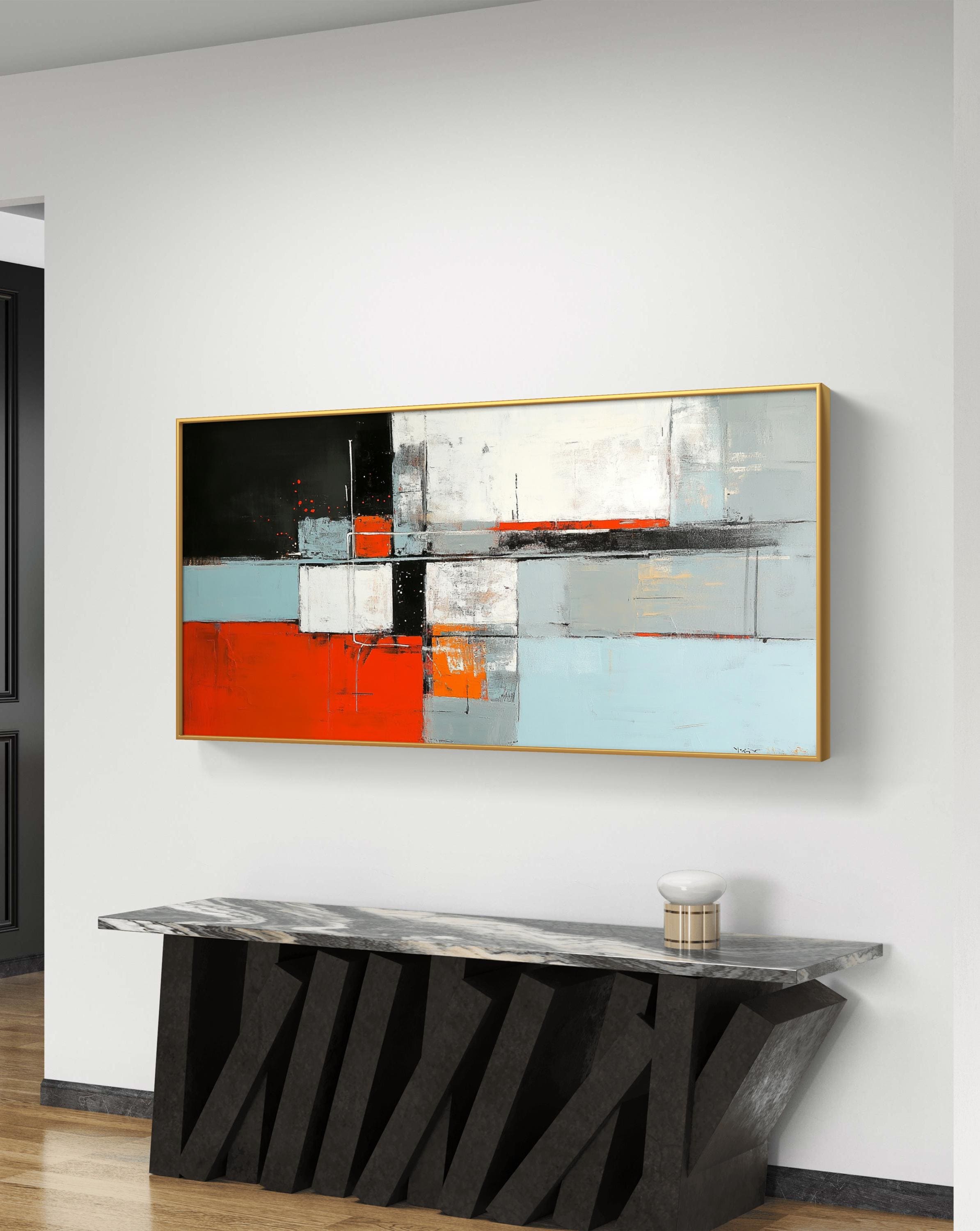 モダン幾何学抽象アートプリント：大胆な赤、黒、白（デジタル