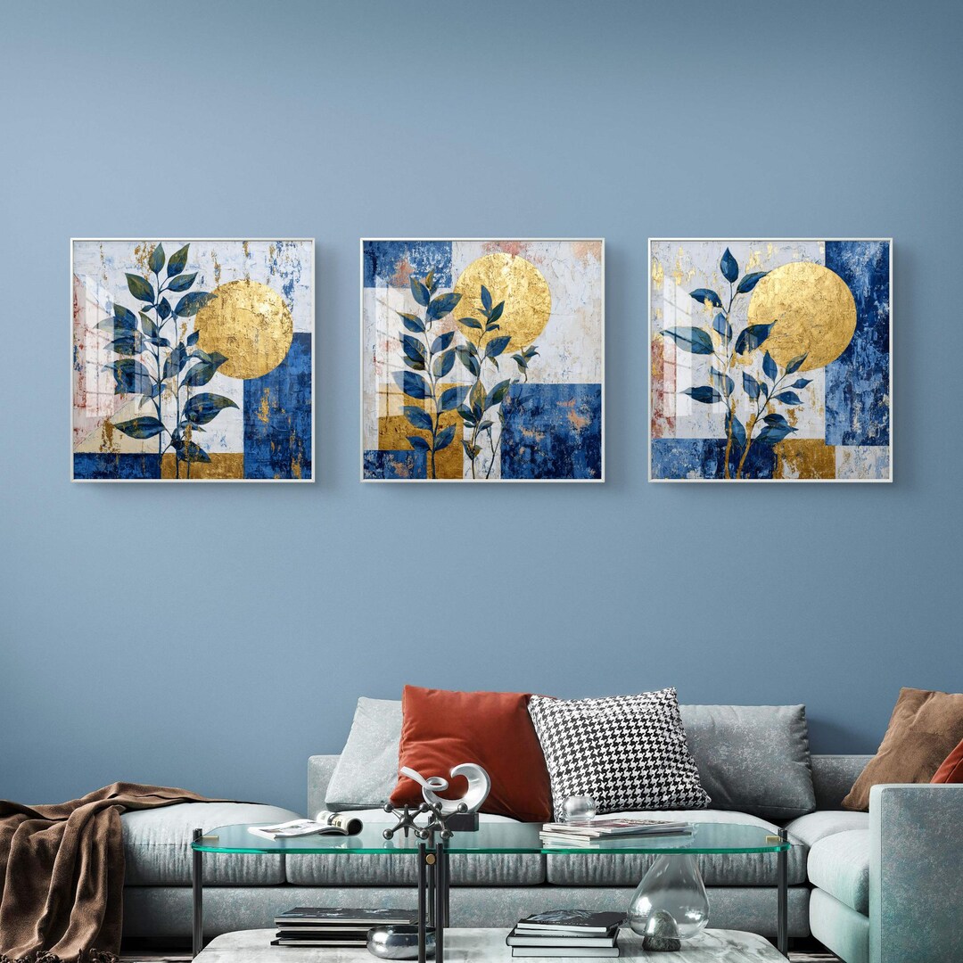 Navy Blue and Gold Botanical Triptych Set of 3 - Digital Download - Etsy